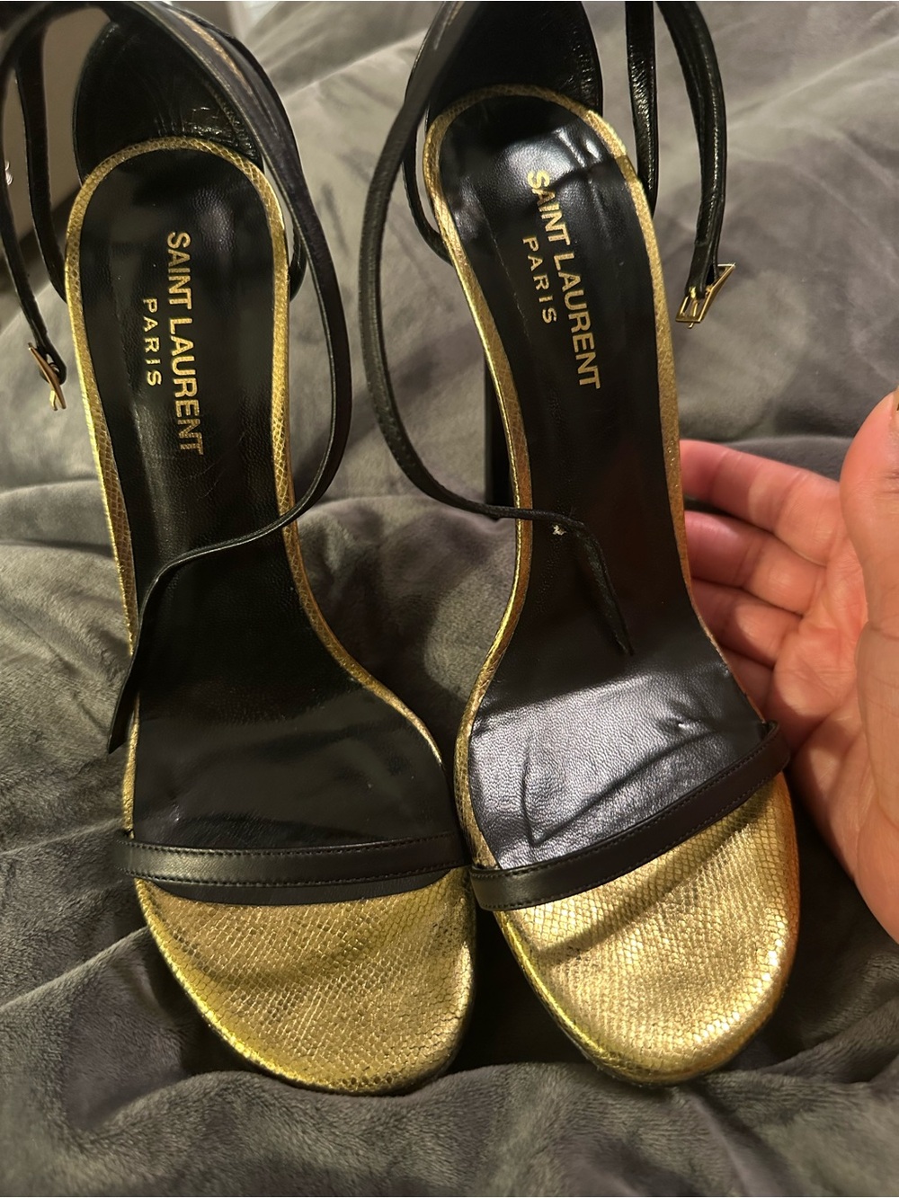 Saint Laurent Black and Gold Leather Open-Toe Heels